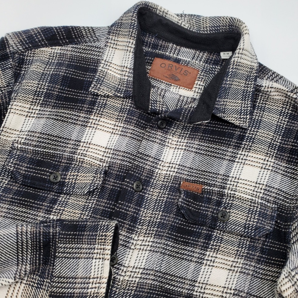 Orvis Classic Collection Mens Medium Blue Plaid Fleece Line Collar Flannel Shirt